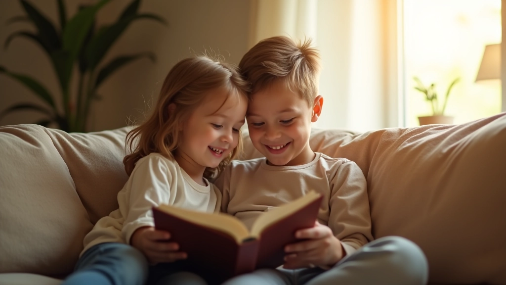 Parent and child reading book together on couch, warm natural lighting, comfortable home setting